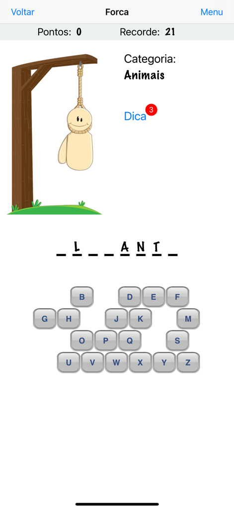 Écran de jeu de l'application du pendu Forca montrant un puzzle de mots dans la catégorie animaux