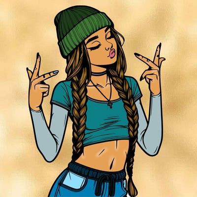 realistic teenage girl with braids and a beanie and crop top doing 🫶🏼