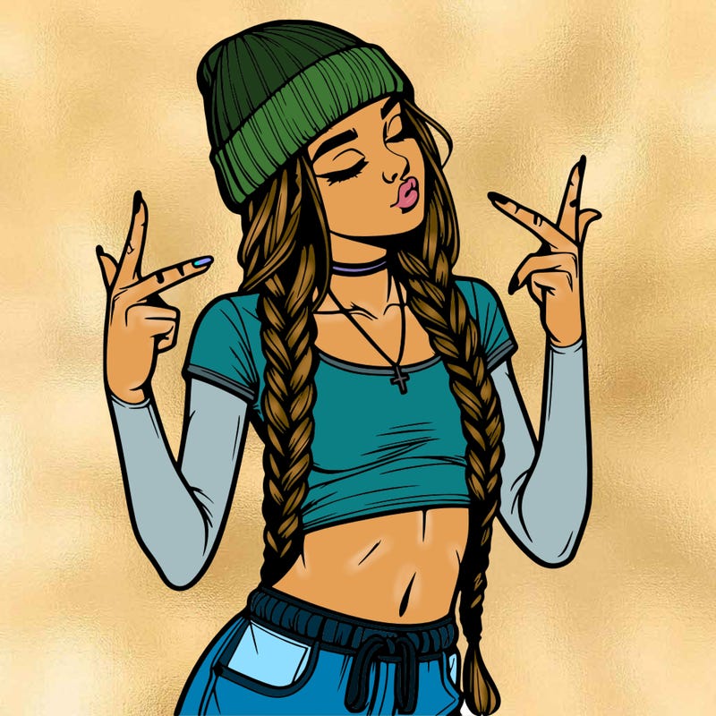 realistic teenage girl with braids and a beanie and crop top doing 🫶🏼
