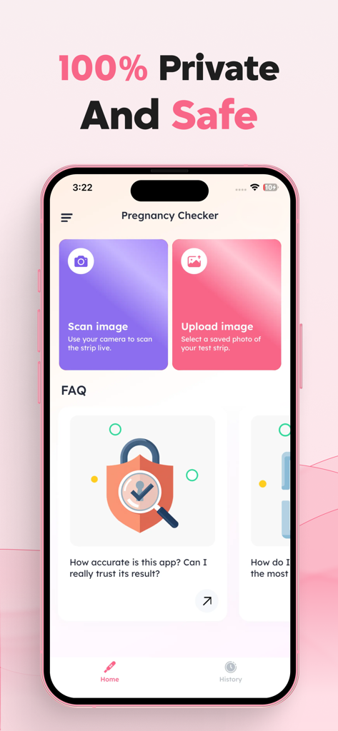 Pregnancy Test Checker & Scan - Home screen of the Pregnancy Test Checker app featuring scan and upload options with a focus on privacy and safety