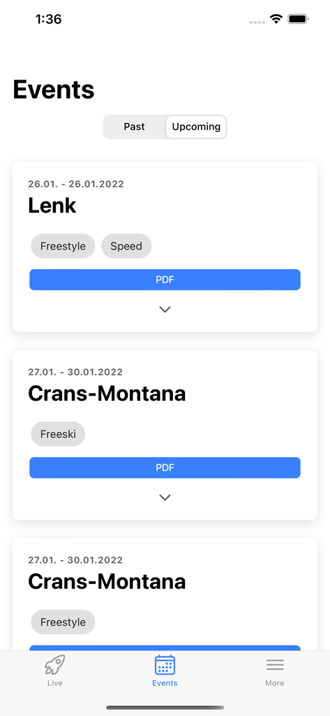 A list of past and upcoming freestyle winter sports events in the FEM Live mobile app