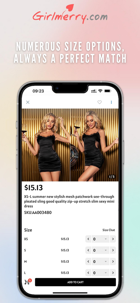 GIRLMERRY app product page showing size selection and pricing for a black mesh patchwork mini dress.