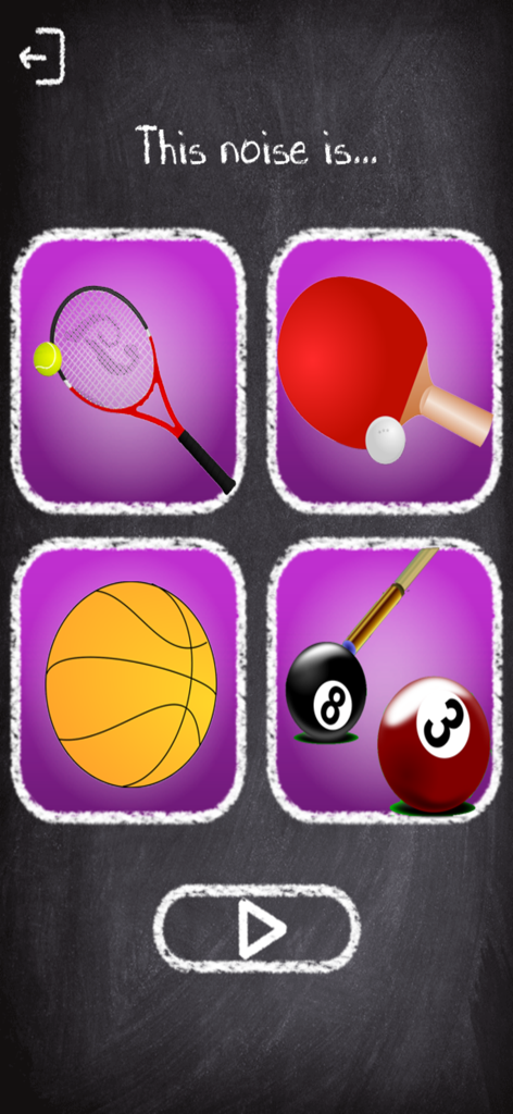 Una pantalla de juego educativo para niños que muestra cuatro iconos deportivos, incluyendo tenis, baloncesto y ping pong, para identificar un sonido