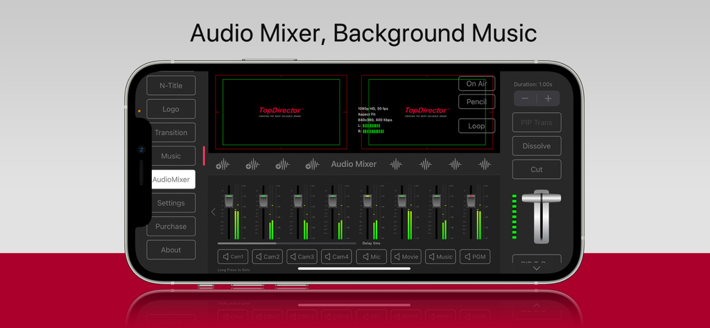 TopDirector - Professional audio mixer dashboard in TopDirector app showing multiple channel sliders and video previews on an iPhone