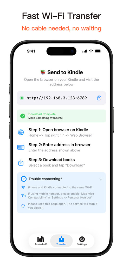 Bookify: Send to Kindle - Captura de pantalla de la aplicación Bookify que muestra la pantalla de transferencia inalámbrica con instrucciones para enviar ebooks a Kindle a través de una dirección IP local.