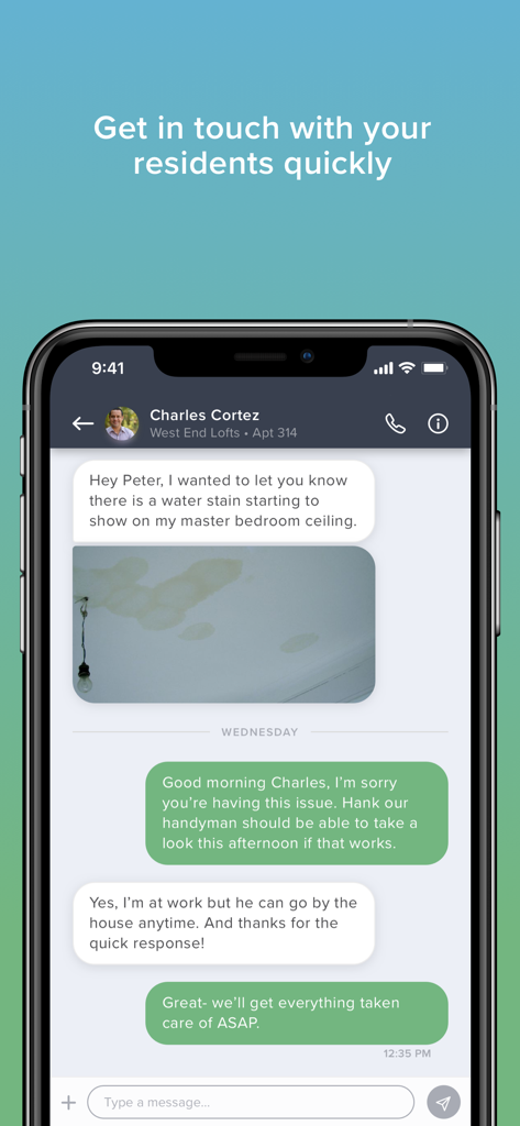 Interface of the Buildium app showing a property manager chatting with a resident about a maintenance repair.