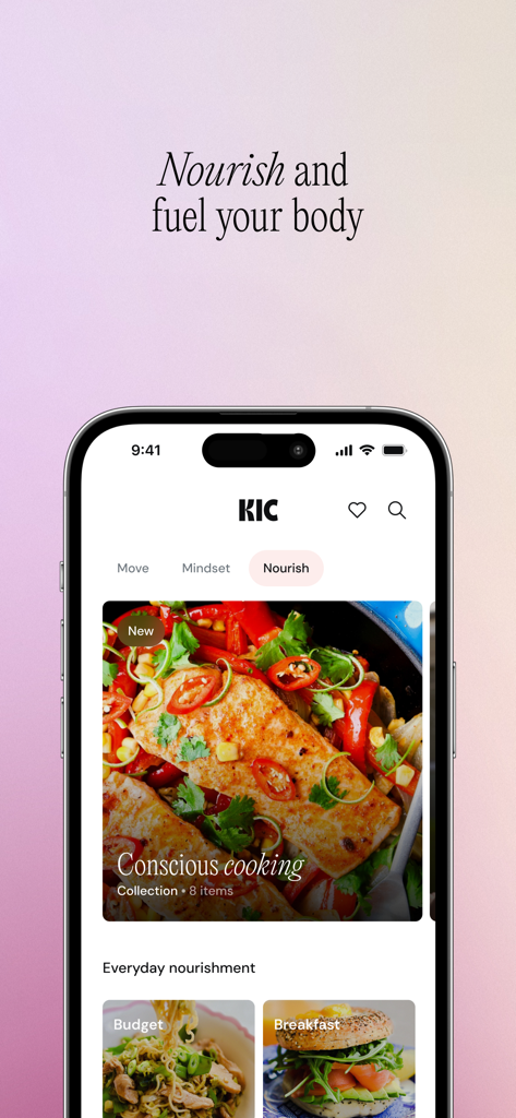 KIC Wellness app Nourish screen featuring conscious cooking and healthy meal recipes.