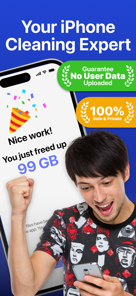 Cleava - Clean Up Storage - Cleava 앱 홍보 이미지, 남성이 99GB의 확보된 아이폰 저장 공간을 축하하는 모습