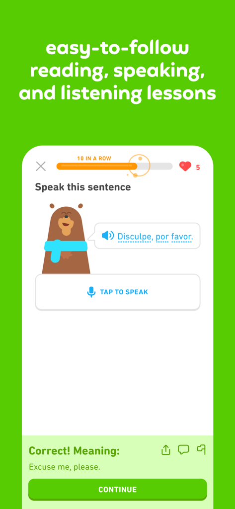 만화 곰 캐릭터와 함께 스페인어 말하기 수업을 보여주는 Duolingo 모바일 앱 스크린샷