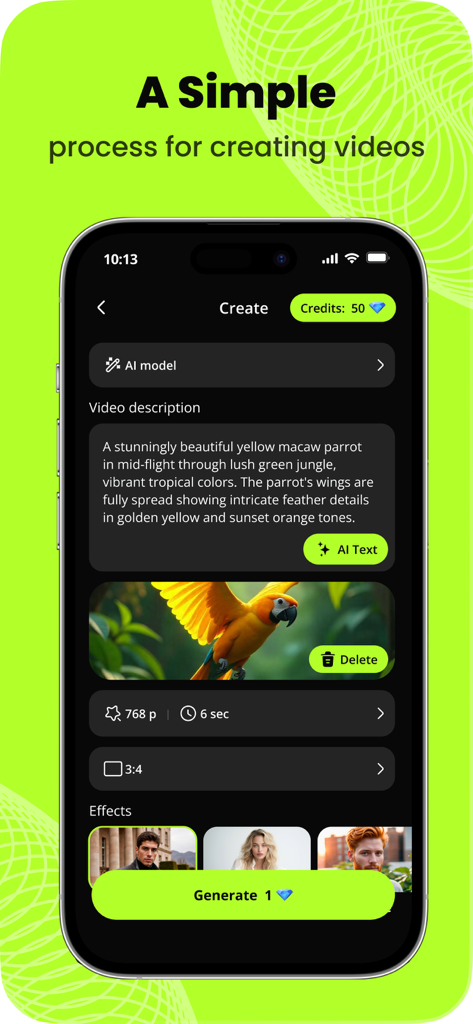 Interfaz de la aplicación Vigg AI mostrando un prompt de generación de video a partir de texto y una vista previa de un guacamayo amarillo