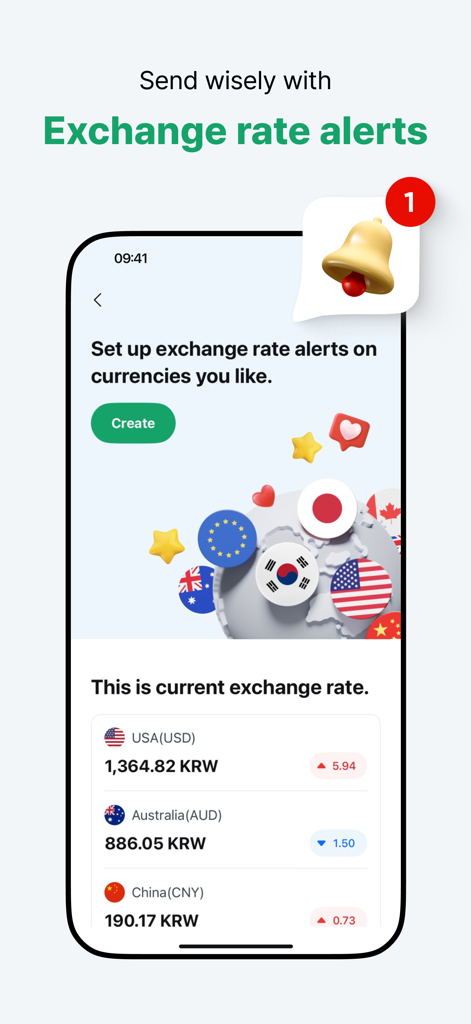 WireBarley - WireBarley mobile app screen showing real-time currency exchange rate alerts and current rates for international money transfers.