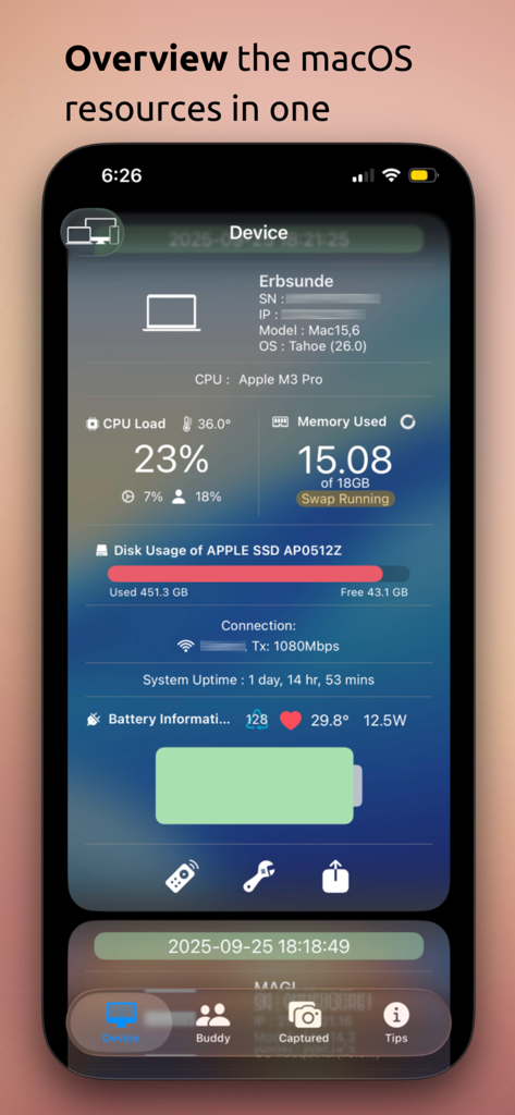 myAddress - Monitoring Tools - Pantalla de la aplicación que muestra estadísticas remotas del sistema Mac como carga de CPU y uso de memoria.