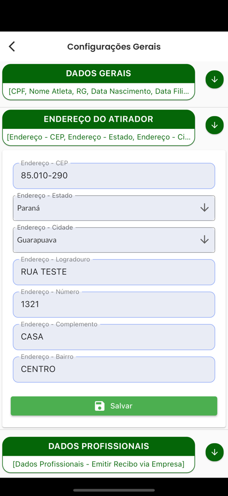 Formulario de configuración de dirección del usuario dentro de la aplicación móvil Atirador Shooting House.