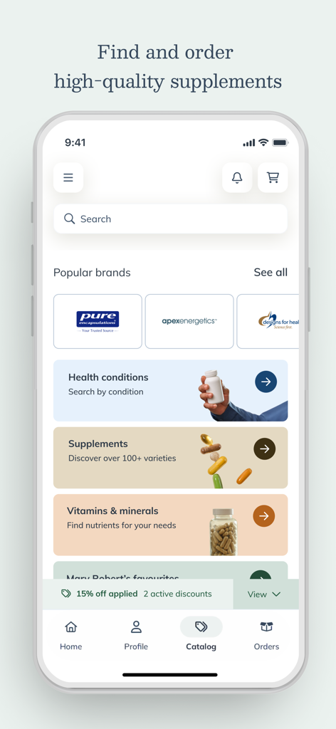 Fullscript app catalog interface showing popular supplement brands and health categories for ordering vitamins.
