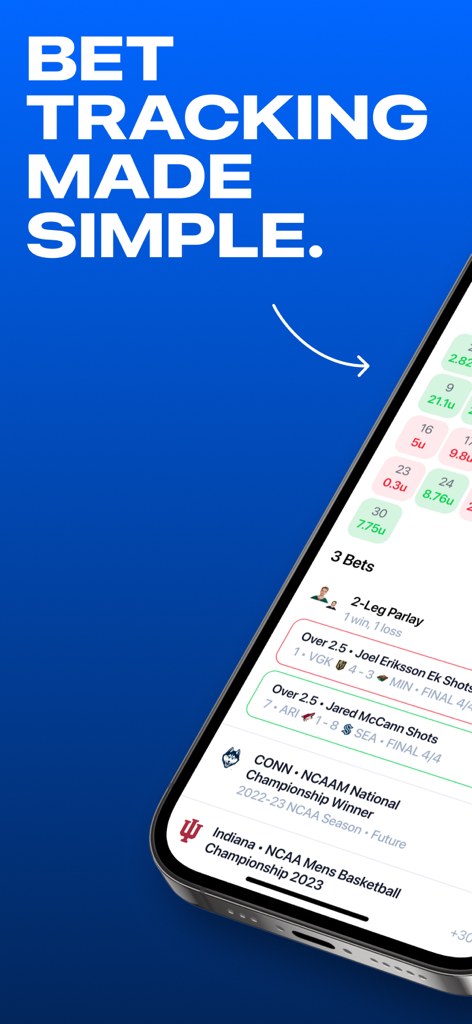 ベット履歴と分析が表示されたPikkitスポーツベットトラッカーアプリのインターフェースを示すスマートフォン