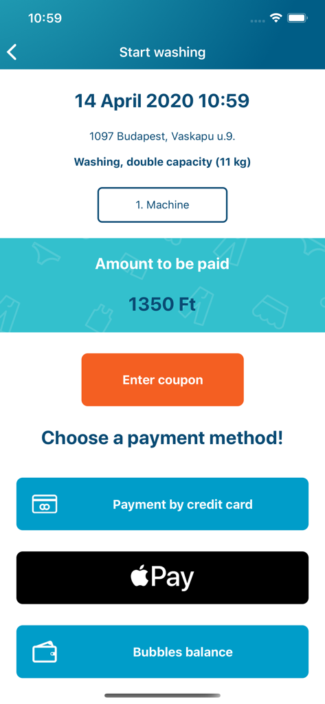 Bubbles Mosoda - Bubbles Mosoda Wäsche-App Zahlungsbildschirm mit Apple Pay und Kreditkartenoptionen.