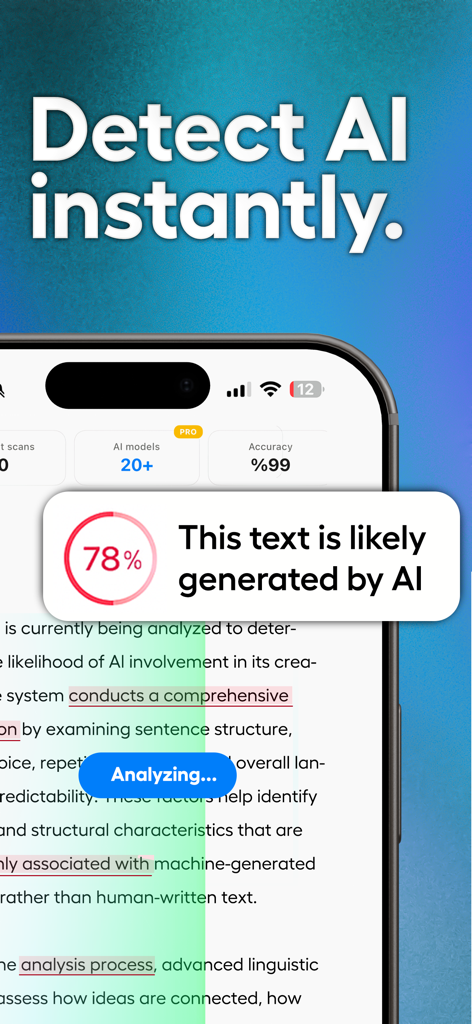 Humanize AI - AI Checker Tools - A mobile app interface displaying a 78 percent probability that the analyzed text was generated by AI