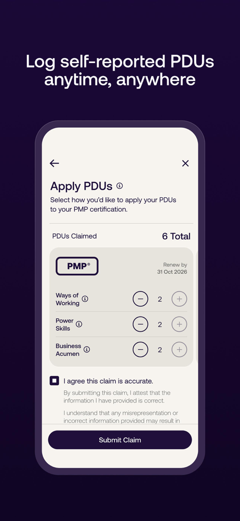 Una interfaz móvil de la app PMI Official que muestra el proceso para reportar PDUs para la renovación de la certificación PMP