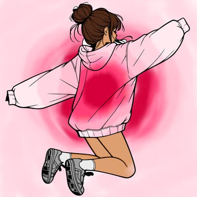 realistic girl jumping with a bun and oversized sweatshirt
