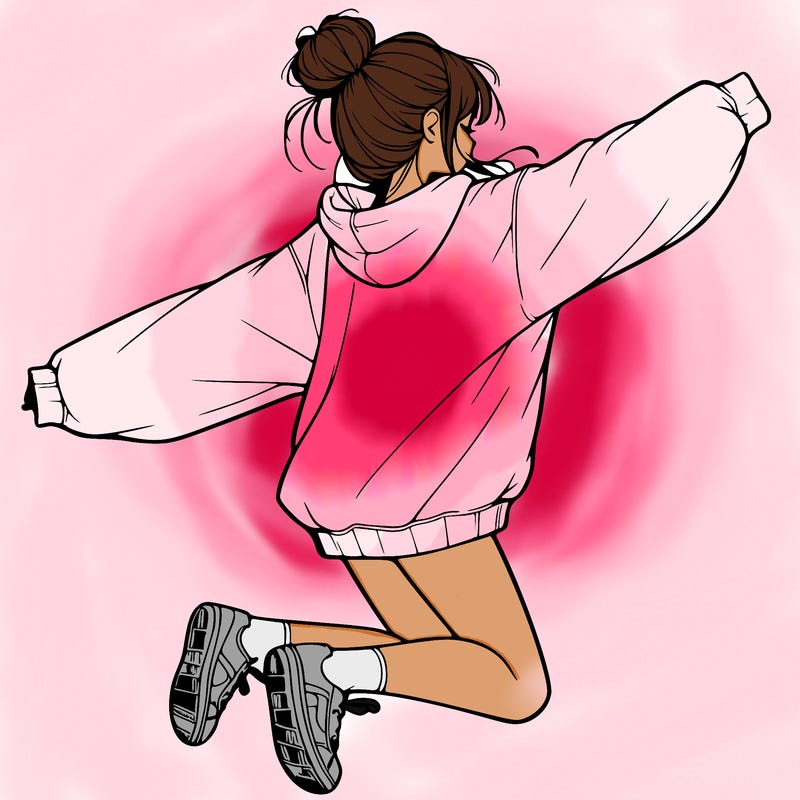 realistic girl jumping with a bun and oversized sweatshirt