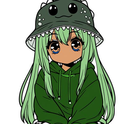 girl with anime shaped eyes with a dinosaur bucket hat oversized sweatshirt long straight hair