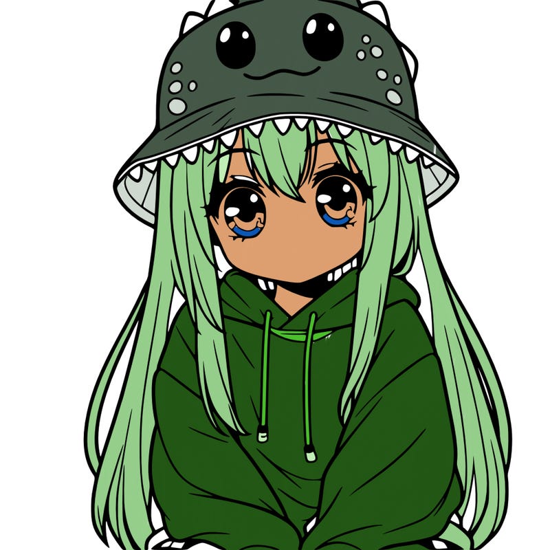 girl with anime shaped eyes with a dinosaur bucket hat oversized sweatshirt long straight hair
