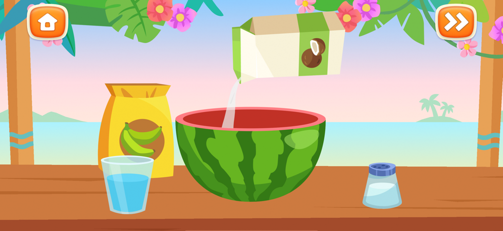Pizza Maker: Kids Cooking Game - Cartoon kitchen scene in a kids cooking game showing coconut milk being poured into a watermelon bowl.