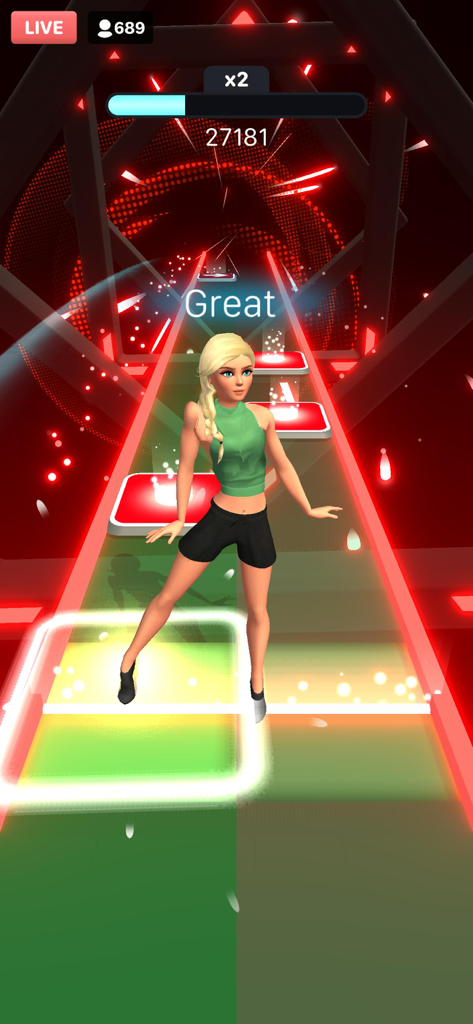 A female character dancing on a red neon rhythm track while hitting music notes in the Tap Tap Dancefloor game