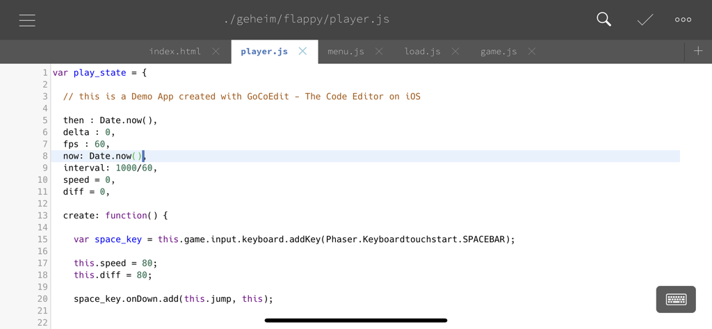 모바일 개발 프로젝트의 JavaScript 구문 강조 표시 및 파일 탭을 보여주는 GoCoEdit 코드 편집기