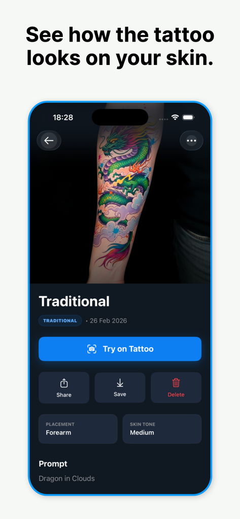 Ein Screenshot der Tattoo Creator App, der ein farbenfrohes traditionelles Drachentattoo-Mockup auf dem Unterarm einer Person mit einer virtuellen Anprobe-Funktion zeigt
