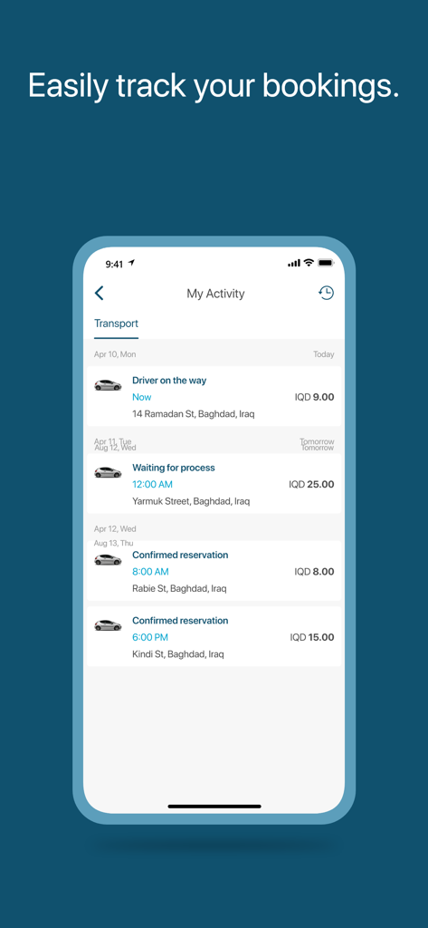 Obrアプリのマイアクティビティ画面、バグダッド・イラクでのタクシー配車予約とステータスのリストを表示