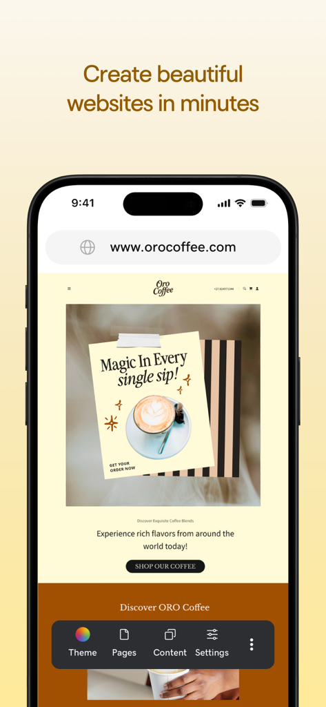 Smartphone-Bildschirm, der eine Website für ein Café zeigt, die in GoDaddy Studio entworfen wird.