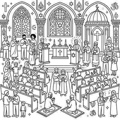 Immerse yourself in a beautiful scene of spiritual harmony with this unique coloring page. It depicts a diverse religious gathering, celebrating unity and shared faith through intricate details and revered symbols.