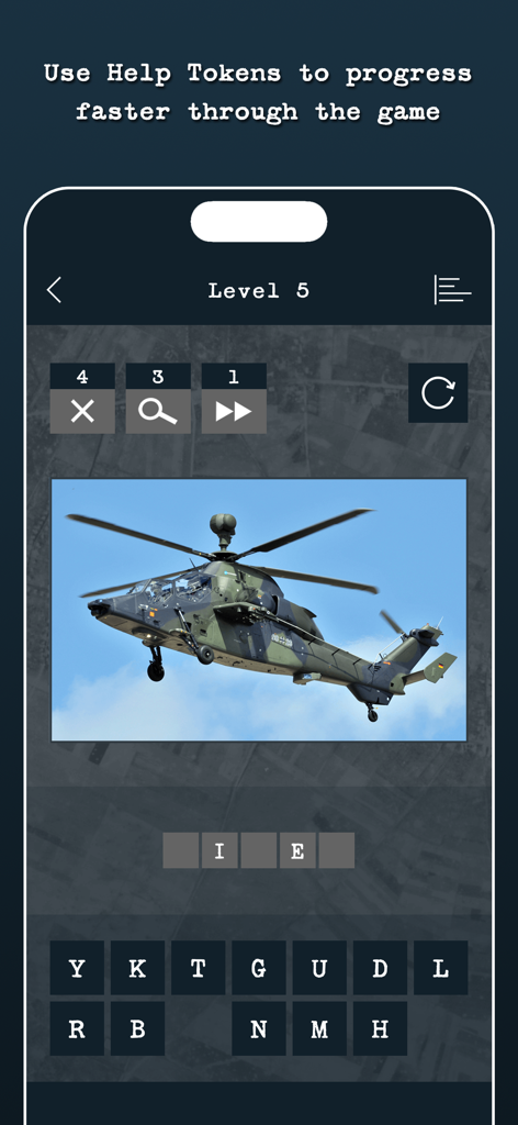Guess the Military Aircraft - Gameplay screen of Guess the Military Aircraft app showing a helicopter identification challenge and help tokens