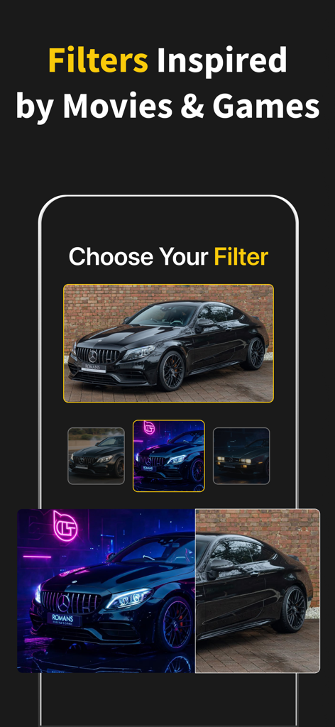 Benutzeroberfläche der AI Car Photoshoot App mit kinoreifen Autofiltern, inspiriert von Filmen und Spielen.