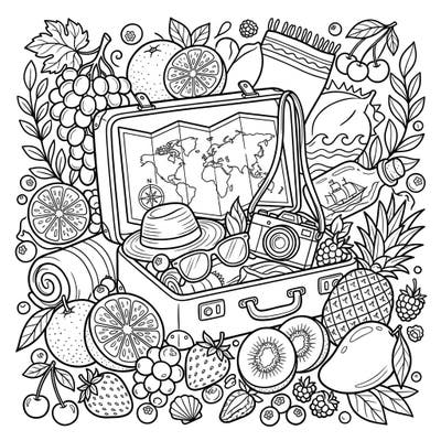 Embark on a creative journey with this vibrant coloring page featuring a delightful mix of fresh fruits and vacation essentials. It's the perfect way to combine your love for juicy berries and exotic travels into one artistic escape.