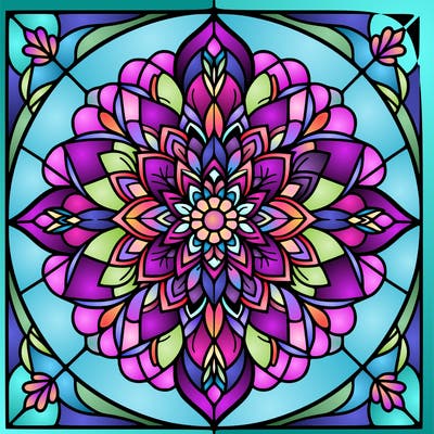 mandala flower design, stained glass window.