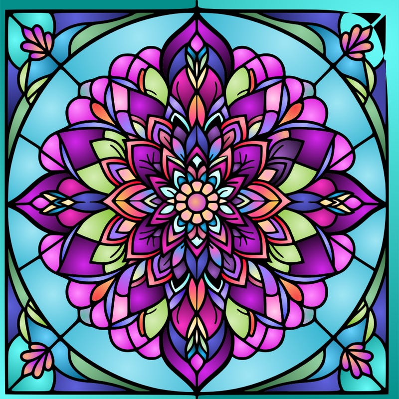 mandala flower design, stained glass window.