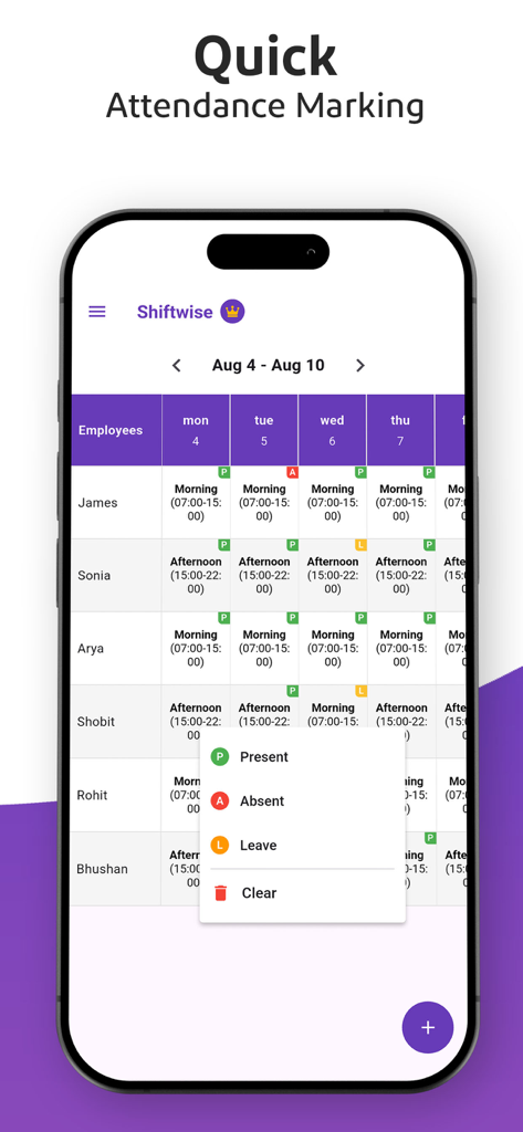 Interfaz de horario semanal y marcado de asistencia en la aplicación Shiftwise