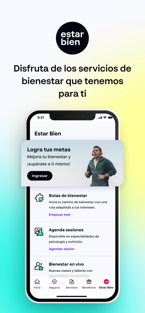 App RIMAC - Screenshot of the RIMAC app showing the Estar Bien wellness section with health and session scheduling features