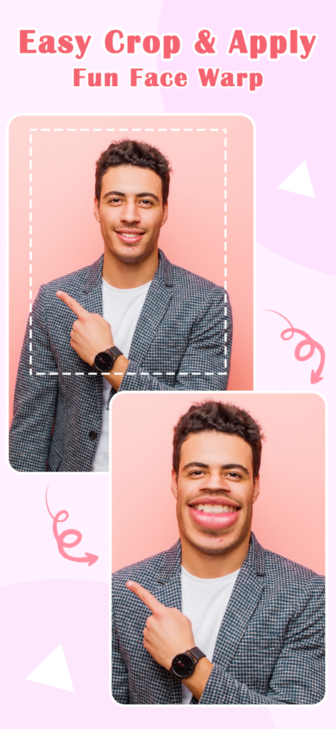 Face Warp  Photo & Video Fun - A before and after comparison showing a man's face being distorted with a funny warp filter