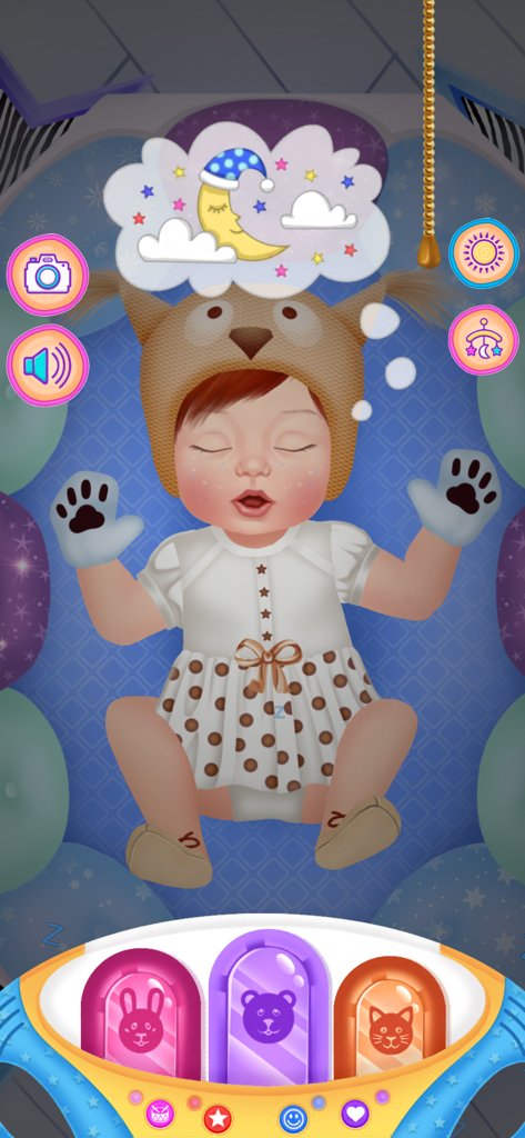 Baby Dress Up & Daycare Game 2 - A baby doll sleeping while wearing an owl hat and a polka dot dress in the Baby Dress Up and Daycare Game 2.