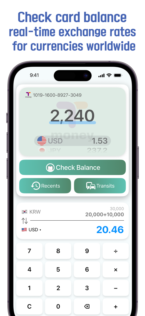Korea transit card - BucaCheck - Pantalla de la aplicación BucaCheck que muestra el saldo de la tarjeta de tránsito T-money de Corea y la conversión de moneda de KRW a USD