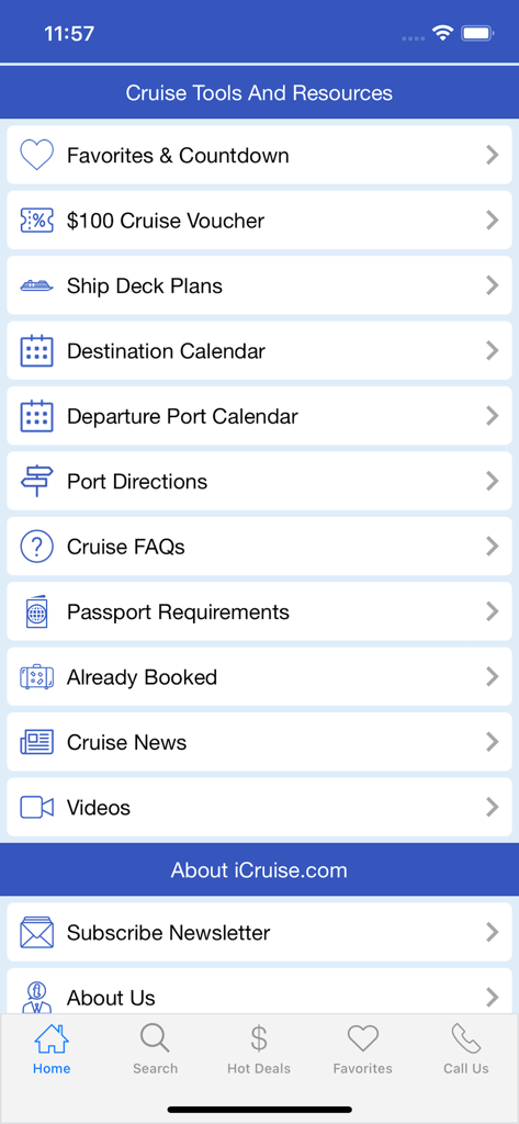 Cruise Finder by iCruise.com - Cruise Finder app screen displaying a menu of travel tools and resources