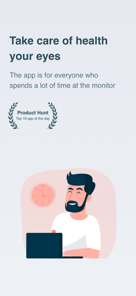 Illustration eines Mannes am Computer mit Ratschlägen zur Augengesundheit und einer Product Hunt Auszeichnung