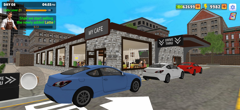 My Cafe Simulator - Fila de carros esperando no drive-thru do My Cafe Simulator