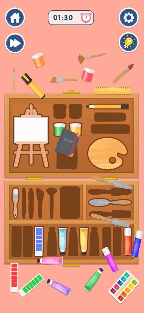 Mini Organizing Challenge Game - 나무 수납 상자에 미술 도구와 물감 통을 정리하는 만족스러운 정리 퍼즐 게임 화면.