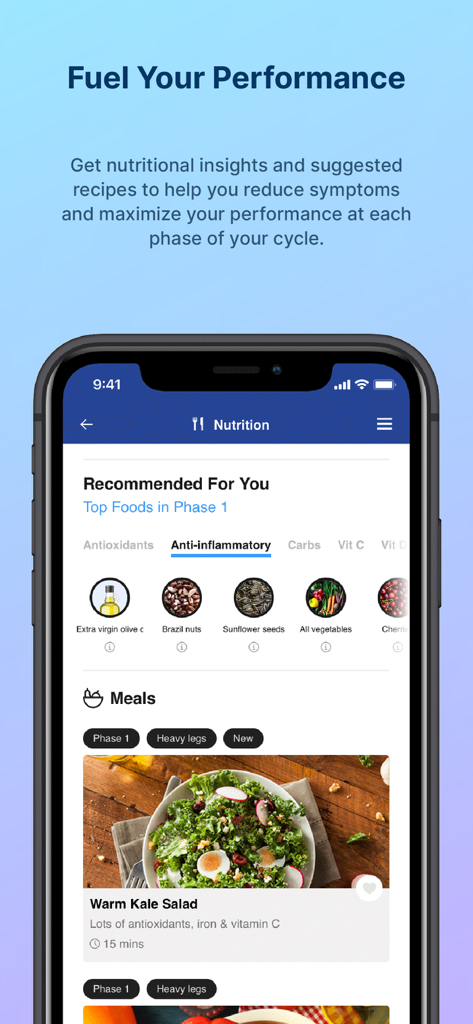 FitrWoman - Interfaz de nutrición de la app FitrWoman mostrando alimentos y recetas recomendados para la sincronización del ciclo