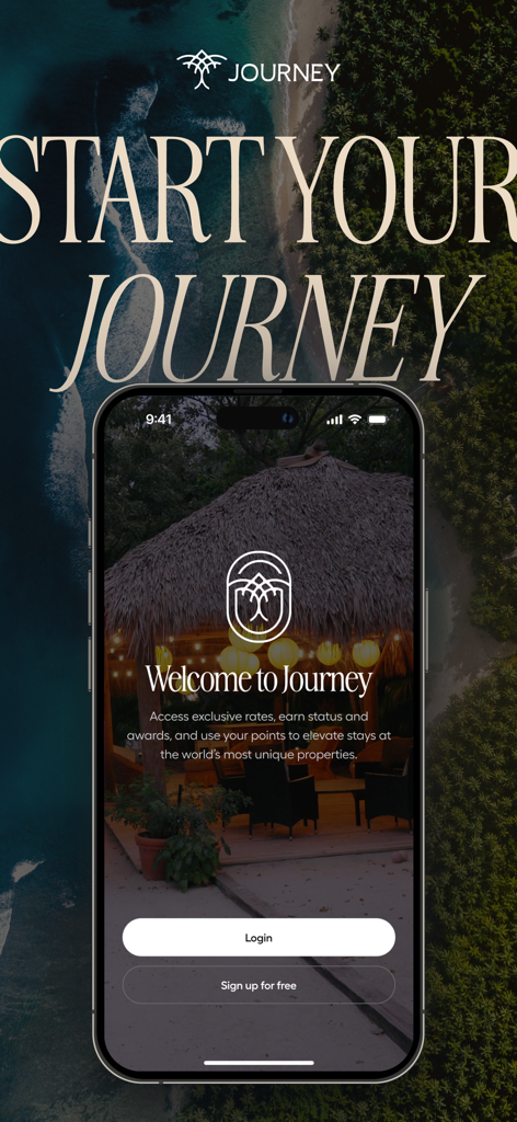 Journey | Loyalty Rewards - Journey loyalty rewards app welcome screen on an iPhone featuring luxury travel branding and login buttons