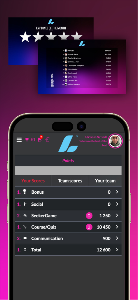 Experience live - Interfaz de la aplicación Experience Live que muestra el seguimiento de puntos de los empleados y la tabla de clasificación corporativa para la interacción gamificada